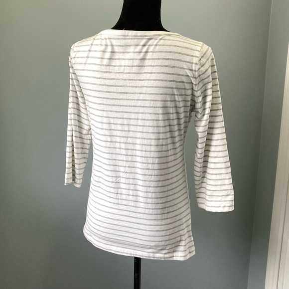 St. John’s Bay White & Grey Striped Keyhole Collar 3/4 Sleeve Top BNWT Size L - Picture 9 of 9